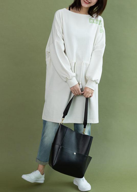 Vivid White Cotton Tunic Top Drawstring Side Open Baggy Fall Dress