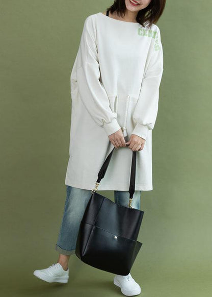 Vivid White Cotton Tunic Top Drawstring Side Open Baggy Fall Dress