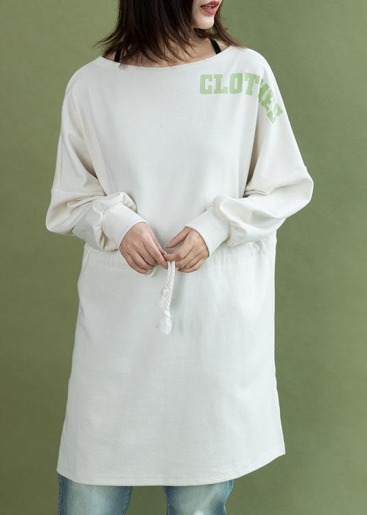Vivid White Cotton Tunic Top Drawstring Side Open Baggy Fall Dress
