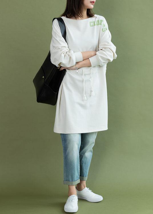 Vivid White Cotton Tunic Top Drawstring Side Open Baggy Fall Dress