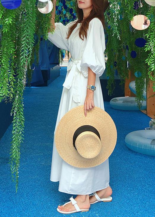 Vivid White Cotton Clothes O Neck Bow Maxi Summer Dress