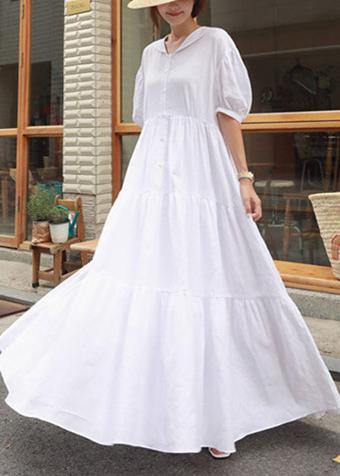 Vivid White Linen Clothes for Peter Pan Collar Ruffles Long Dress