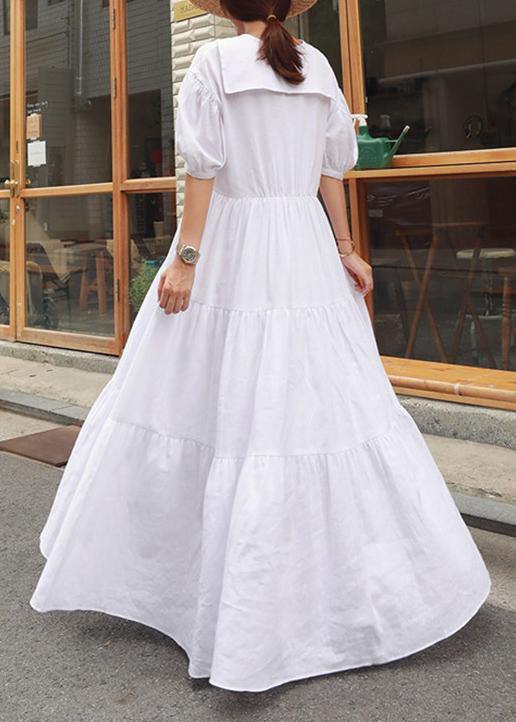 Vivid White Linen Clothes for Peter Pan Collar Ruffles Long Dress