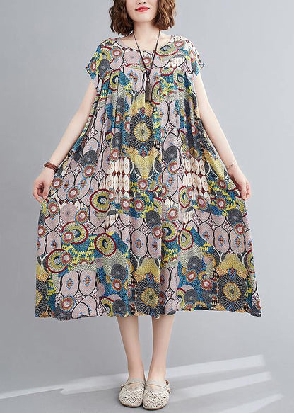 Vivid Yellow Print Outfit O Neck Cinched Baggy Summer Dress