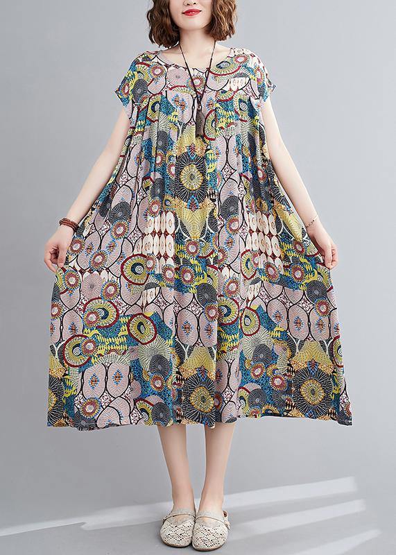 Vivid Yellow Print Outfit O Neck Cinched Baggy Summer Dress