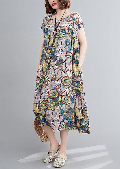 Vivid Yellow Print Outfit O Neck Cinched Baggy Summer Dress