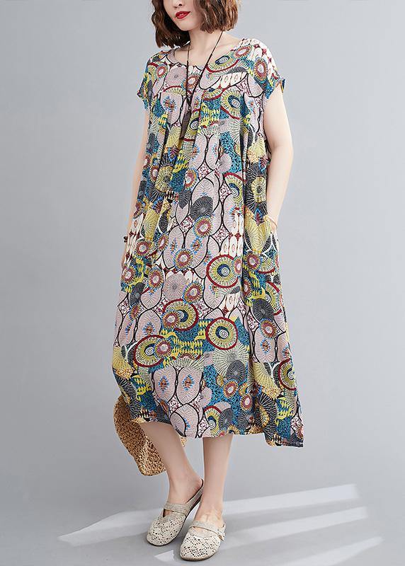 Vivid Yellow Print Outfit O Neck Cinched Baggy Summer Dress