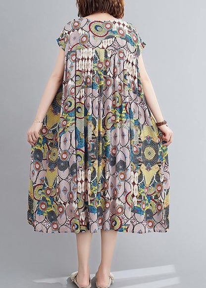 Vivid Yellow Print Outfit O Neck Cinched Baggy Summer Dress