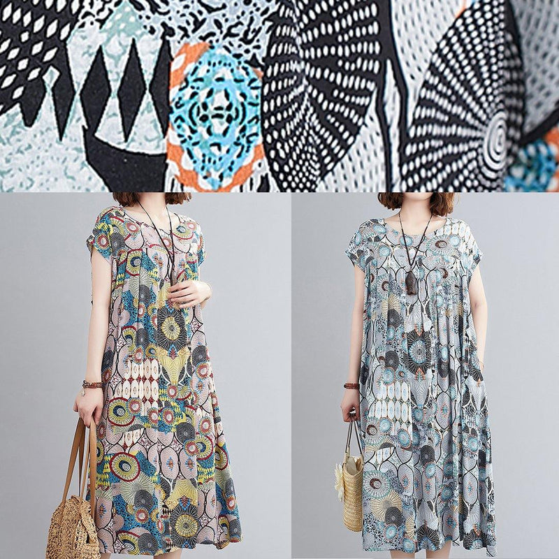 Vivid Yellow Print Outfit O Neck Cinched Baggy Summer Dress
