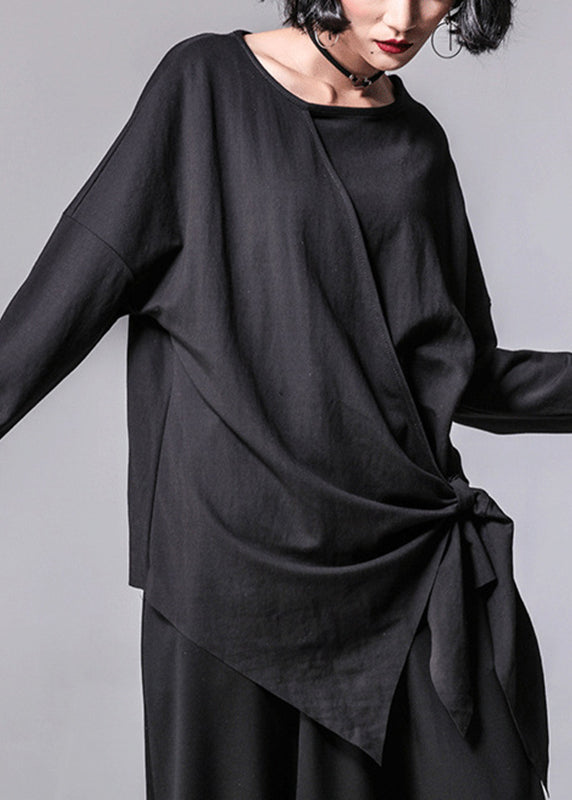 Vogue Black O-neck Asymmetrical Bow T Shirt Long Sleeve