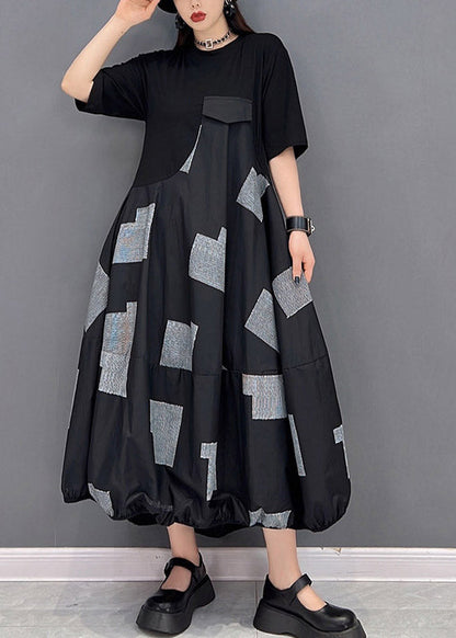 Vogue Black O-neck Print Patchwork Long Dress Short Sleeve
