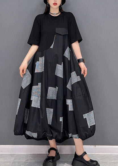 Vogue Black O-neck Print Patchwork Long Dress Short Sleeve