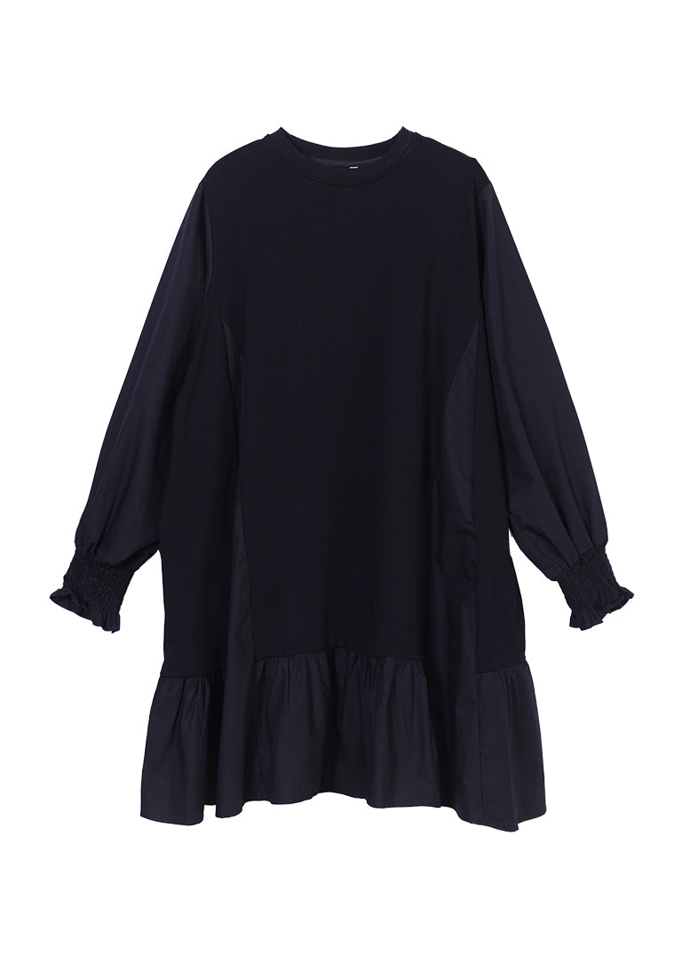 Vogue Black O-neck Ruffles Patchwork Mid Dresses Long Sleeve