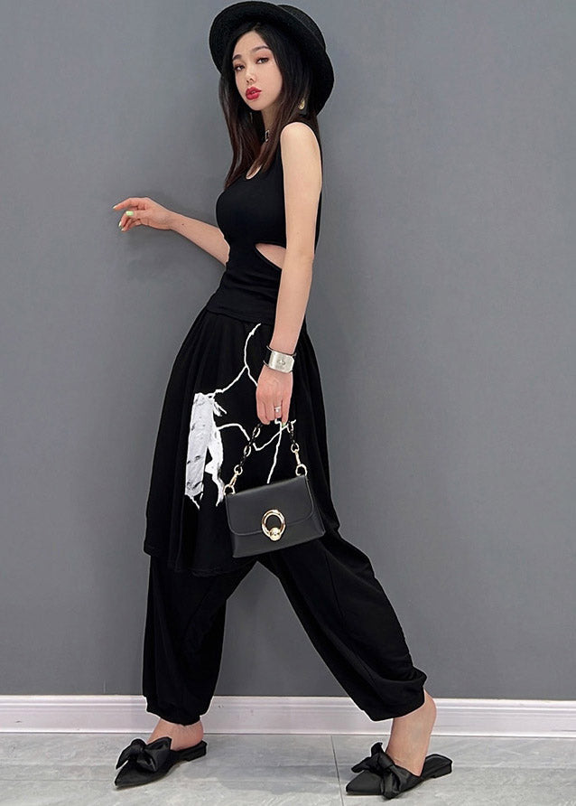 Vogue Black O-neck Tank Top and Harem Pants Two Pieces Set Summer