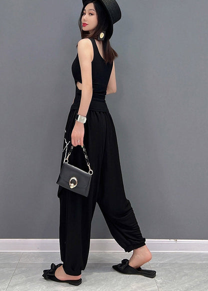 Vogue Black O-neck Tank Top and Harem Pants Two Pieces Set Summer