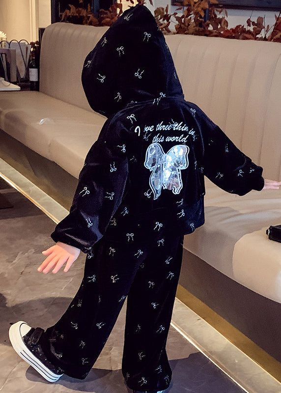 Vogue Black Print Silk Velour Kids Hooded Coats and Pants Two Pieces Set Spring