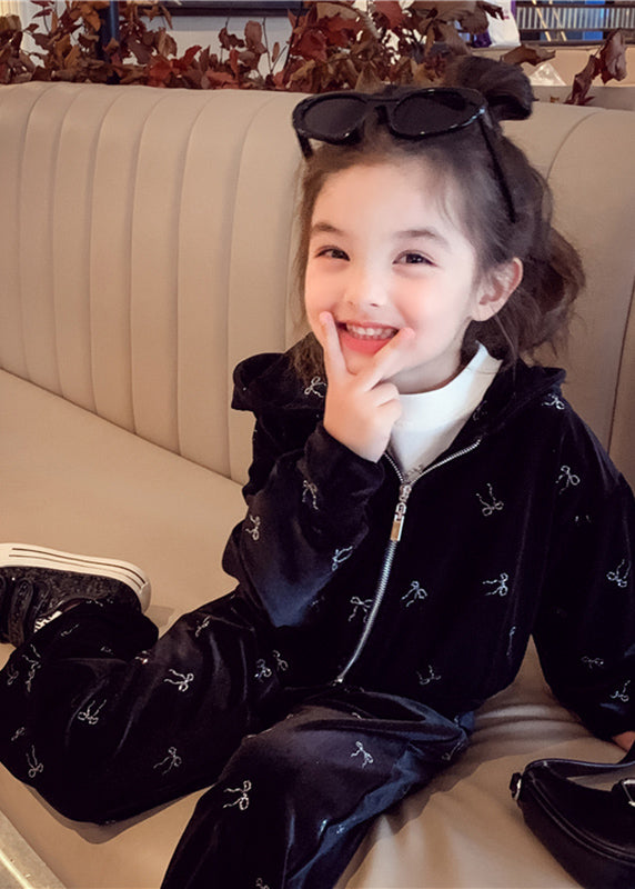 Vogue Black Print Silk Velour Kids Hooded Coats and Pants Two Pieces Set Spring