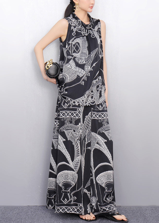 Vogue Black Print Top and Wide Leg Pants Two Pieces Set Summer