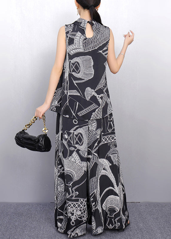 Vogue Black Print Top and Wide Leg Pants Two Pieces Set Summer