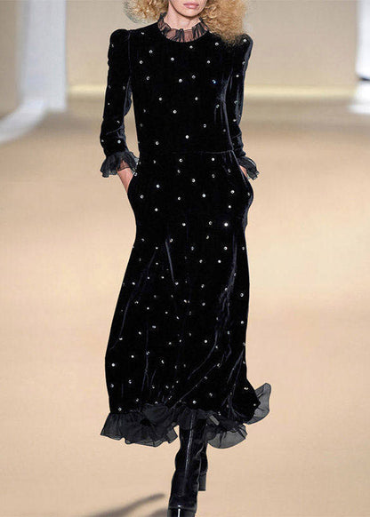 Vogue Black Turtleneck Nail Bead Silk Velvet Maxi Dress Spring