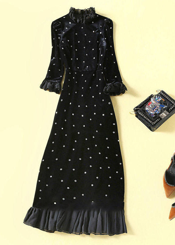 Vogue Black Turtleneck Nail Bead Silk Velvet Maxi Dress Spring