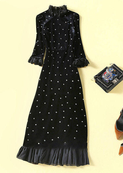Vogue Black Turtleneck Nail Bead Silk Velvet Maxi Dress Spring