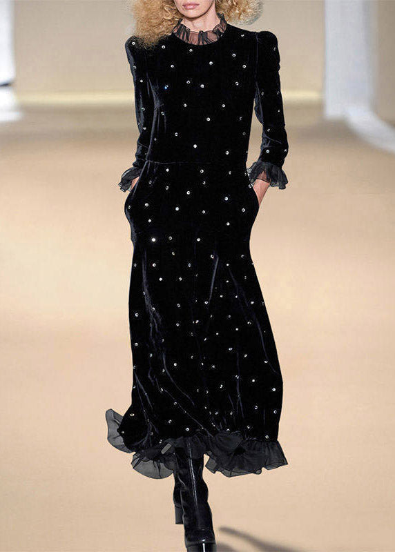 Vogue Black Turtleneck Nail Bead Silk Velvet Maxi Dress Spring