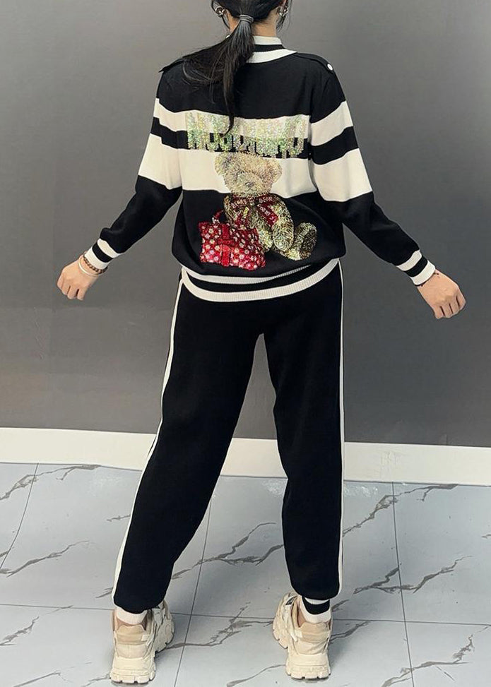 Vogue Black Turtleneck Patchwork Coats and Beam Pants Two Pieces Set Spring