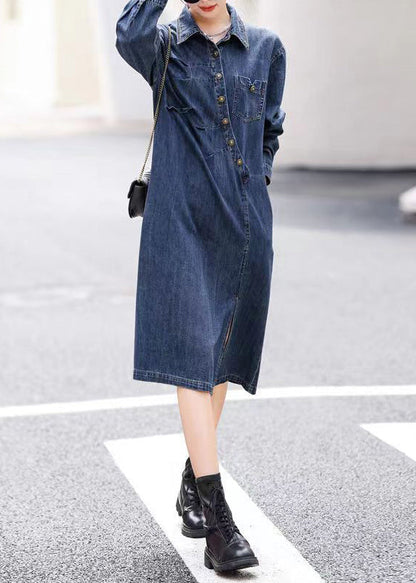 Vogue Blue Asymmetrical Patchwork Side Openopen Button Denim Long Dresses Fall