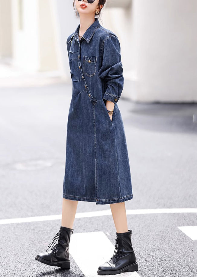 Vogue Blue Asymmetrical Patchwork Side Openopen Button Denim Long Dresses Fall