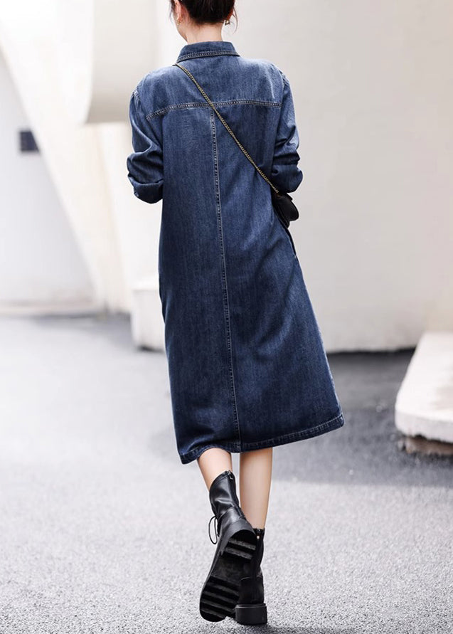 Vogue Blue Asymmetrical Patchwork Side Openopen Button Denim Long Dresses Fall