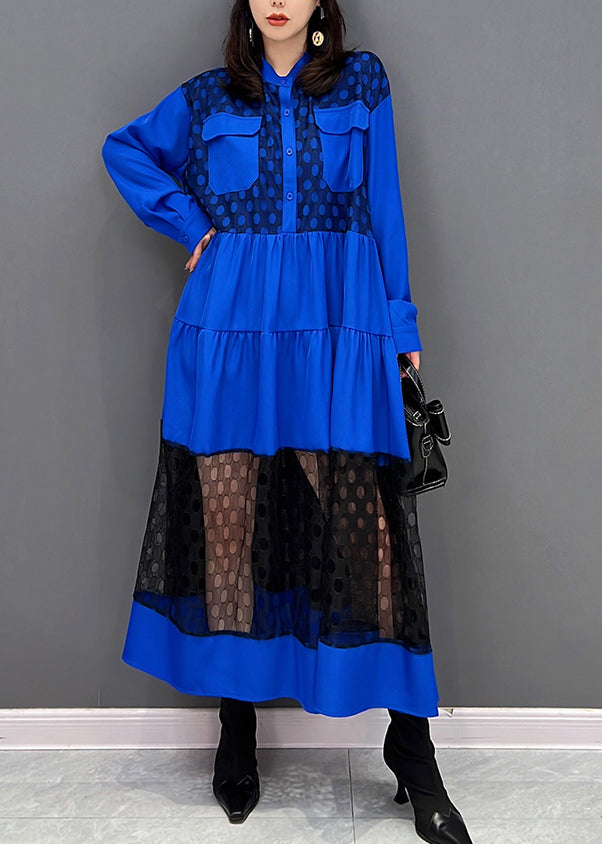 Vogue Blue O-neck Dot Patchwork Wrinkled Tulle Maxi Dresses Fall