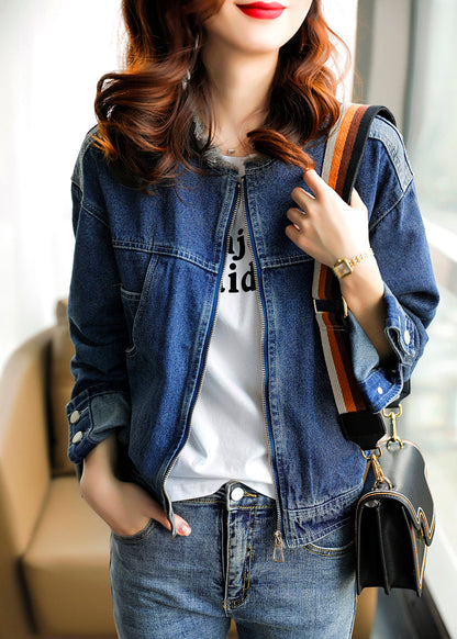 Vogue Blue O-neck Patchwork Zippered Cotton Hooded Denim Coat Long Sleeve