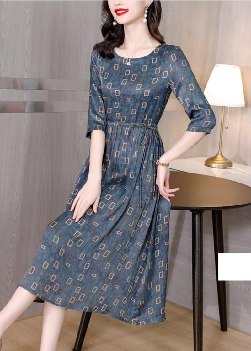 Vogue Blue O-neck Plaid Drawstring Tie Waist Silk Party Dress Half Sleeve