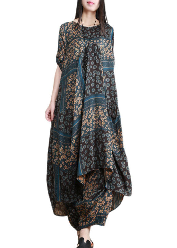 Vogue Blue O-neck Print Shirts and Wide Leg Pants Silk Two Piece Set Half Sleeve