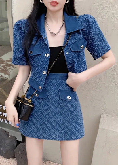 Vogue Blue Peter Pan Collar Print Coats and Shorts Two Pieces Set Summer