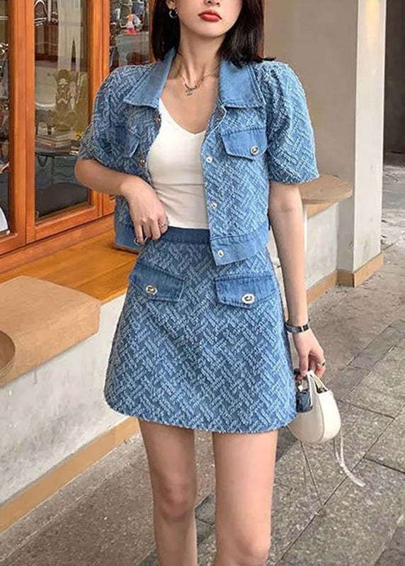 Vogue Blue Peter Pan Collar Print Coats and Shorts Two Pieces Set Summer