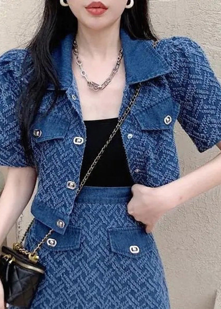 Vogue Blue Peter Pan Collar Print Coats and Shorts Two Pieces Set Summer