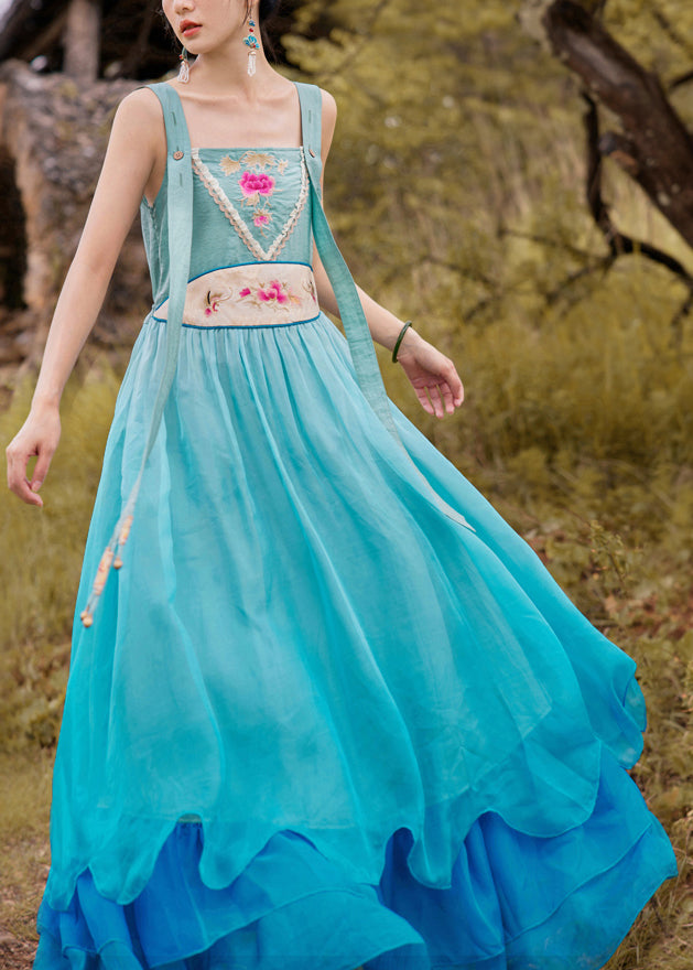 Vogue Blue Slash Neck Embroideried Gradient Color Button Silk Maxi Dress Sleeveless