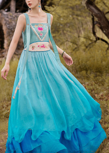 Vogue Blue Slash Neck Embroideried Gradient Color Button Silk Maxi Dress Sleeveless