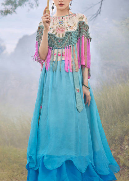 Vogue Blue Slash Neck Embroideried Gradient Color Button Silk Maxi Dress Sleeveless