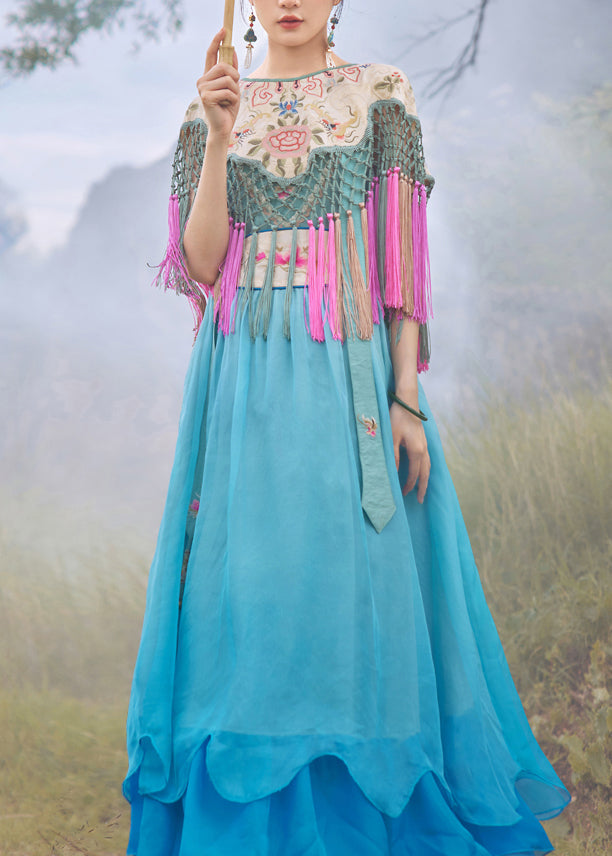 Vogue Blue Slash Neck Embroideried Gradient Color Button Silk Maxi Dress Sleeveless