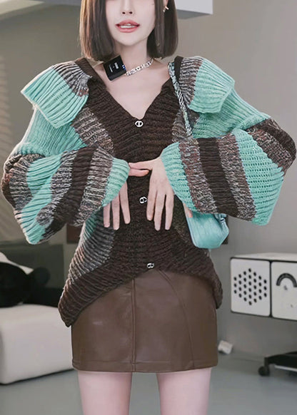 Vogue Blue Slash Neck Striped Thick Cotton Knit Sweaters Lantern Sleeve