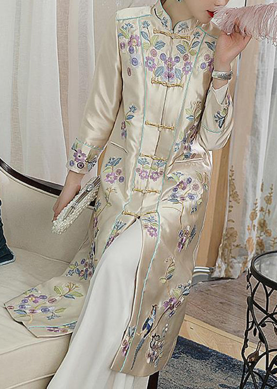 Vogue Champagne Stand Collar Printing Bird Button Pockets Satin Coats Long Sleeve