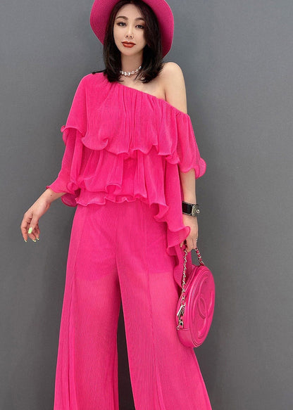 Vogue Chiffon O-neck Top and Wide Leg Pants Two Pieces Set Summer