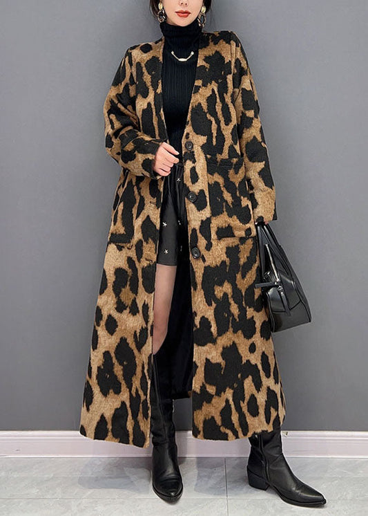 Vogue Chocolate V Neck Oversized Leopard Print Ma Hai Mao Long Coat Winter