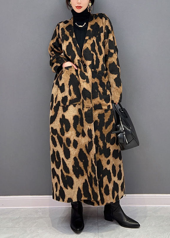 Vogue Chocolate V Neck Oversized Leopard Print Ma Hai Mao Long Coat Winter