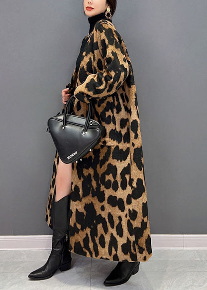 Vogue Chocolate V Neck Oversized Leopard Print Ma Hai Mao Long Coat Winter