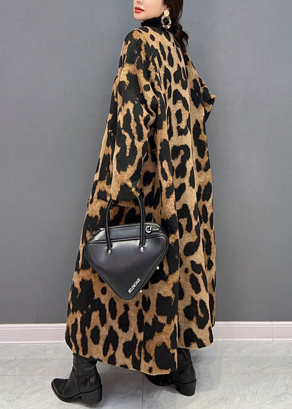 Vogue Chocolate V Neck Oversized Leopard Print Ma Hai Mao Long Coat Winter