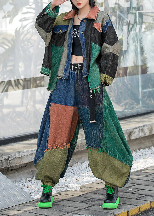 Vogue Colorblock Peter Pan Collar Button Patchwork Denim Coats and Harem Pants Two Pieces Set Long Sleeve